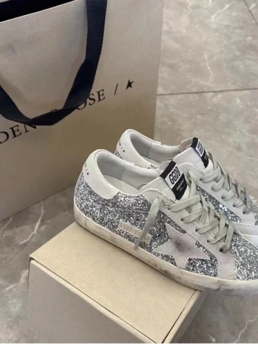 Golden Goose Silver Glitter Superstar Sneakers with Star Detail - Picture 1 of 9
